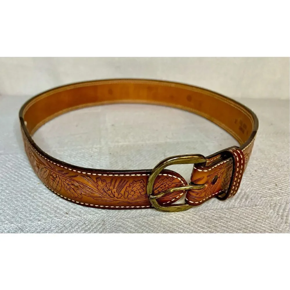 Vintage Western Tooled Leather Belt Pine Pattern& LINDA Across Middle Back Sz 32